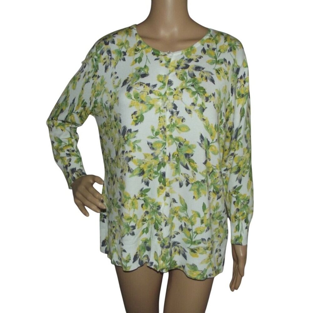 Emaline Cardigan Sweater Womens Large Button green yellow white floral gray